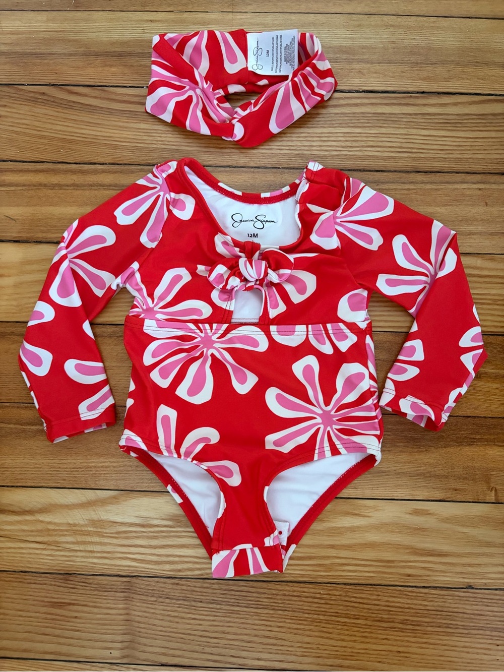 Jessica Simpson Red & Pink Floral Long-Sleeve Baby Swimsuit with Headband